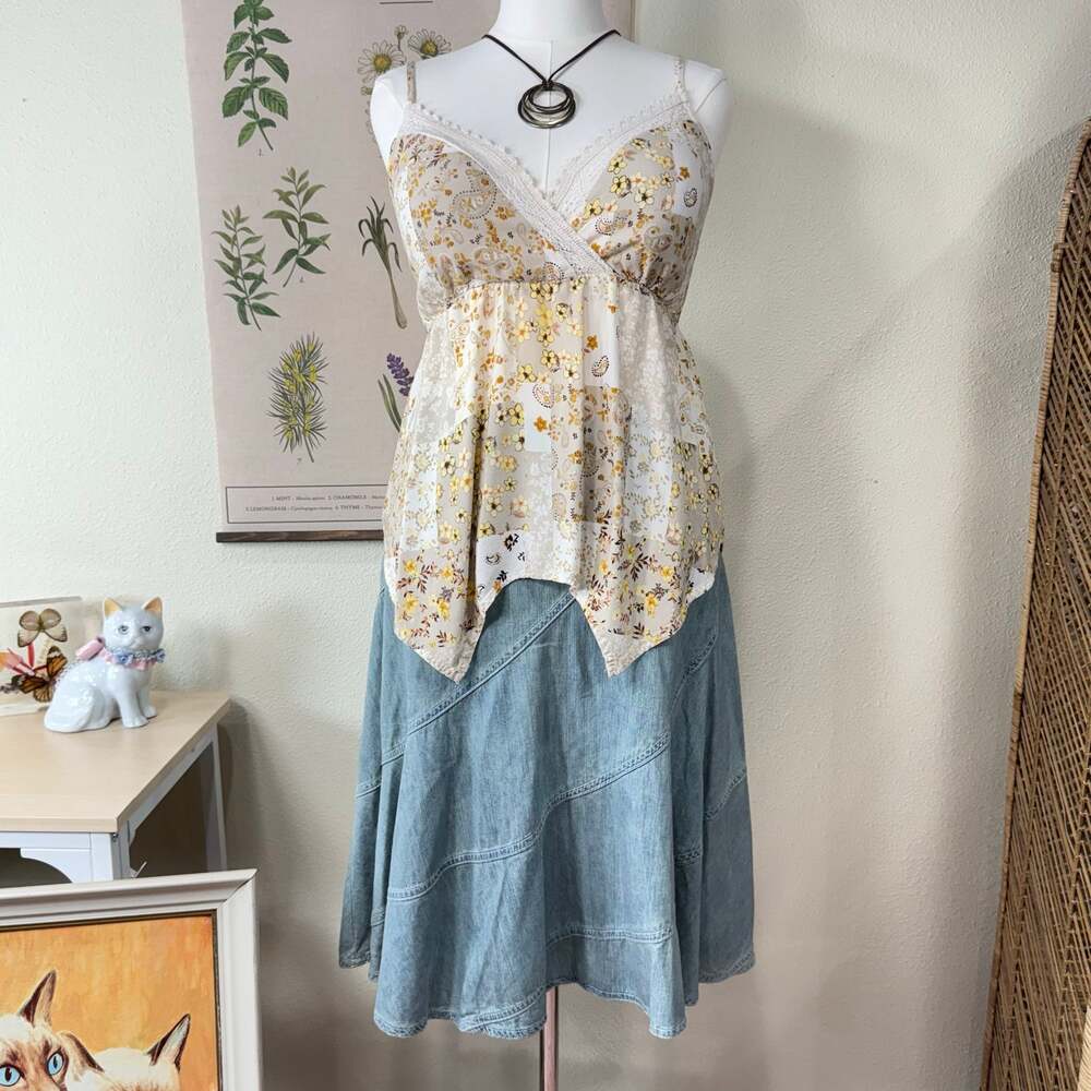 Y2k Floral Patchwork Asymmetric Babydoll Cami Top Coastal Cowgirl Forest Fairy L